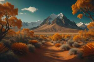 AI generated Fantasy landscape with mountains and dry trees. generative ai photo