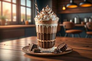 AI generated Chocolate milkshake with whipped cream and chocolate pieces on wooden table. generative ai photo