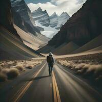 ai generado hombre caminando en el la carretera en el desierto. generativo ai foto