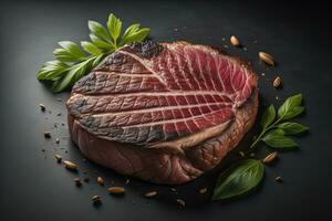 AI generated Sliced beef steak with spices on black background, top view. generative ai photo