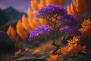 AI generated Bonsai tree with autumn leaves on the background of the mountains. generative ai photo