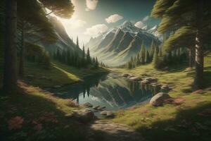 AI generated Beautiful fantasy landscape with a river in the mountains. ai generative photo