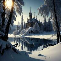AI generated Beautiful winter landscape with frozen lake and castle in the forest. generative ai photo