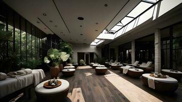 AI generated a modern hotel lobby interior with a glass wall. generative ai photo