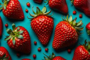 AI generated Strawberries on blue background. Top view. Flat lay. ai generated photo