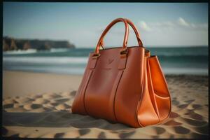 AI generated Orange leather women's bag on the beach. Selective focus. generative ai photo