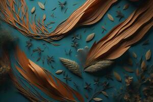 AI generated Abstract floral composition with golden leaves on blue background. ai generated photo