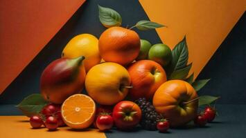 AI generated Fruits on a black and orange background. Healthy eating concept. generative ai photo