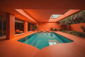 AI generated Swimming pool in a modern house. generative ai photo