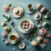 AI generated Easter table setting with macaroons, cup of tea and flowers on blue background. ai generated photo