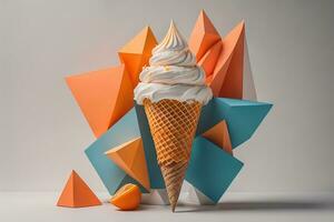 AI generated Ice cream in waffle cone on blue background, top view, flat lay. ai generative photo