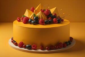 ai generado cumpleaños pastel con bayas en un amarillo antecedentes. generativo ai foto
