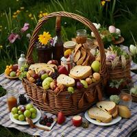 AI generated Picnic basket with fruit and wine on the grass in the garden. generative ai photo