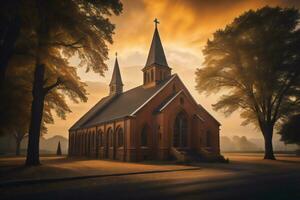 AI generated Church in the fog at sunset. generative ai photo