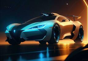 AI generated Futuristic black sports car in neon light. ai generative photo