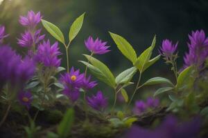 ai generado hermosa púrpura flores en el jardín en el Mañana ligero. naturaleza antecedentes. generativo ai foto