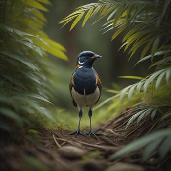 AI generated A closeup shot of a bird standing on the ground in the forest. generative ai photo