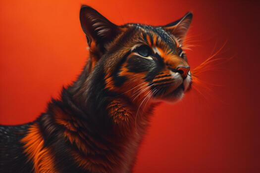 AI generated Portrait of a beautiful bengal cat on a red background. generative ai photo