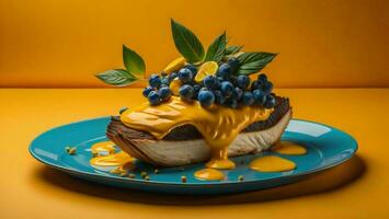 AI generated Chocolate cake with blueberries and orange sauce on a yellow background. generative ai photo