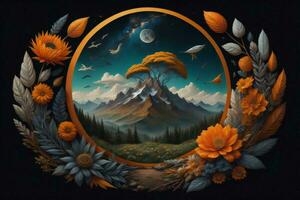 AI generated Mountain landscape with flowers and moon in circle frame on black background. generative ai photo