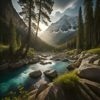 ai generado montaña paisaje con un río en el medio de el bosque. generativo ai foto