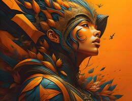 AI generated a fantasy woman with orange and blue leaves. generative ai photo