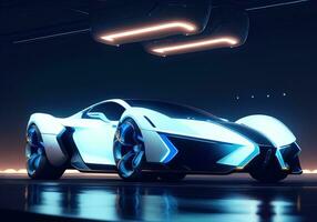 AI generated Futuristic black sports car in neon light. ai generative photo