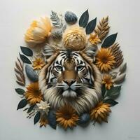 AI generated Flower composition with a tiger on a white background. Flat lay, top view. generative ai photo