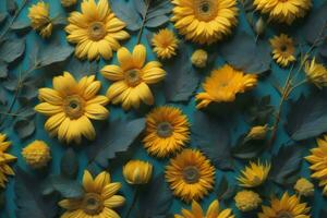 AI generated Flowers composition. Yellow sunflowers and leaves on blue background. Flat lay, top view, copy space. generative ai photo