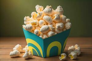 AI generated Popcorn in a paper box on a solid color background. ai generative photo