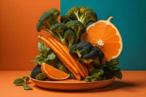 AI generated Fresh fruits and vegetables on orange and blue background. Healthy food concept. generative ai photo