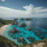 ai generado aéreo ver de un hermosa playa con rocas y turquesa agua. generativo ai foto