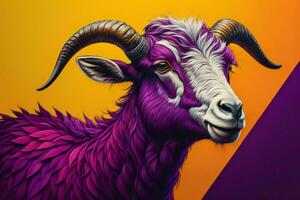 AI generated Illustration of a goat with horns on a yellow and purple background. ai generated photo