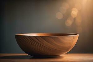 AI generated Empty wooden bowl on wooden background. Top view. Copy space. ai generative photo