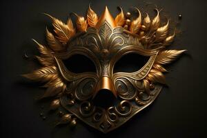 AI generated Venetian carnival mask with golden ornament on a solid color background. ai generative photo