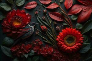AI generated Beautiful floral composition on black background. Flat lay, top view. generative ai photo