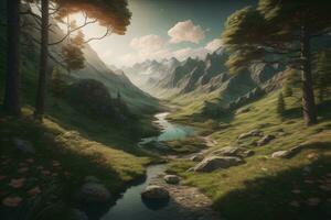 AI generated Beautiful fantasy landscape with a river in the mountains. ai generative photo