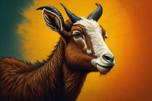 AI generated Portrait of a goat with horns on a yellow background. Close-up. ai generated photo