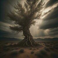 AI generated Tree in the desert. generative ai photo