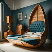 AI generated a wooden bed in a room with blue walls. generative ai photo