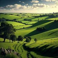 AI generated Beautiful countryside landscape with rolling hills and meadows under blue sky. generative ai photo