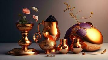 AI generated golden and copper vases with flowers on table. generative ai photo