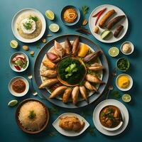 AI generated Indian food on blue background. Assorted Indian dishes, top view. generative ai photo