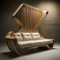 AI generated wooden armchair with pillows in the interior. generative ai photo