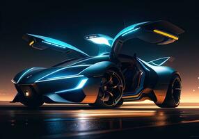 AI generated Futuristic black sports car in neon light. ai generative photo