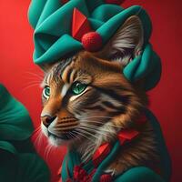 AI generated Portrait of a tiger in a red hat and green bow tie. generative ai photo