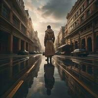 AI generated Woman walking on a rainy day in London, United Kingdom. generative ai photo