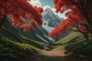 AI generated Mountain landscape with a path and red leaves. generative ai photo