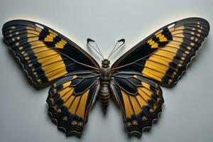 AI generated Butterfly with yellow wings and black stripes on a gray background. generative ai photo