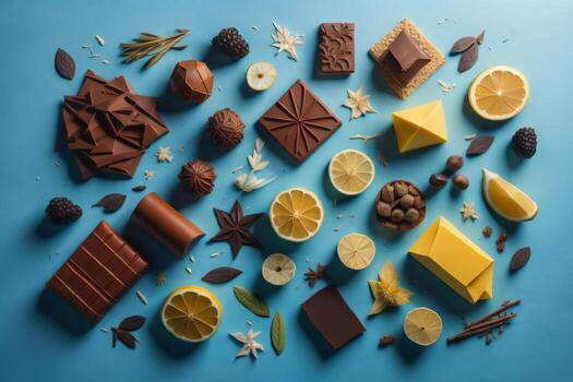 ai generado parte superior ver de diferente chocolates en azul fondo, plano poner. generativo ai foto